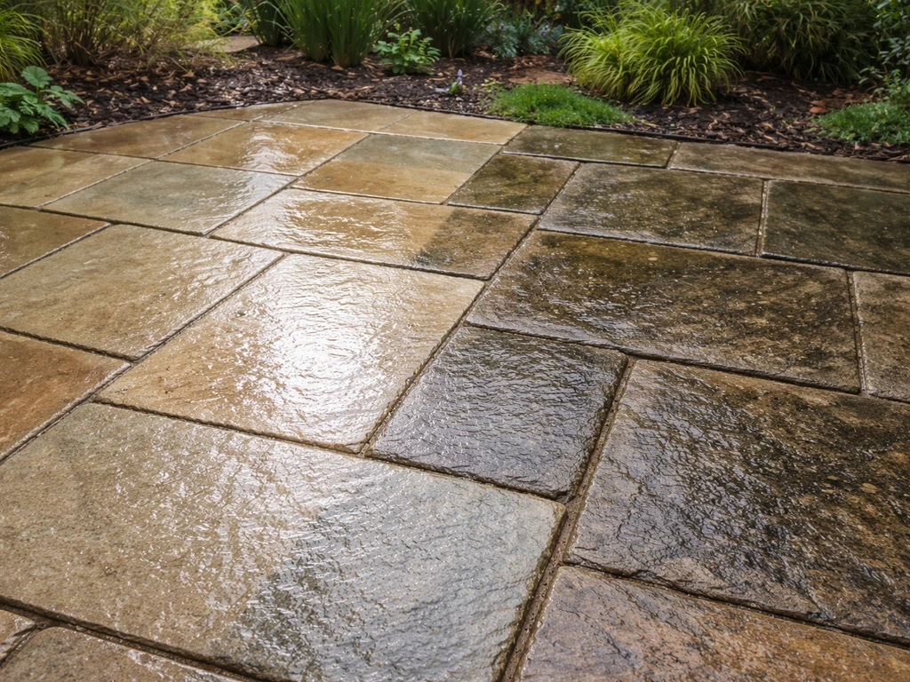 Clean bright patio stones beside a dark algae/moss patch showing clear before-and-after results.