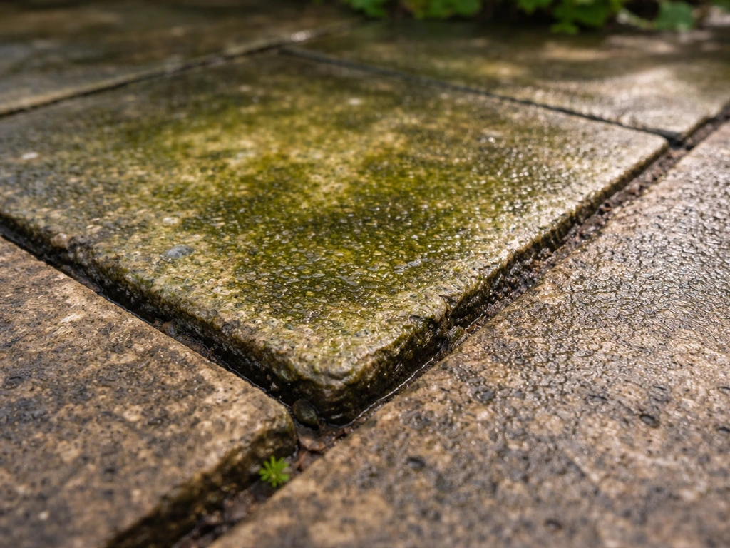 Close-up of shaded patio paving covered in green, slippery algae growth and damp dark patches.