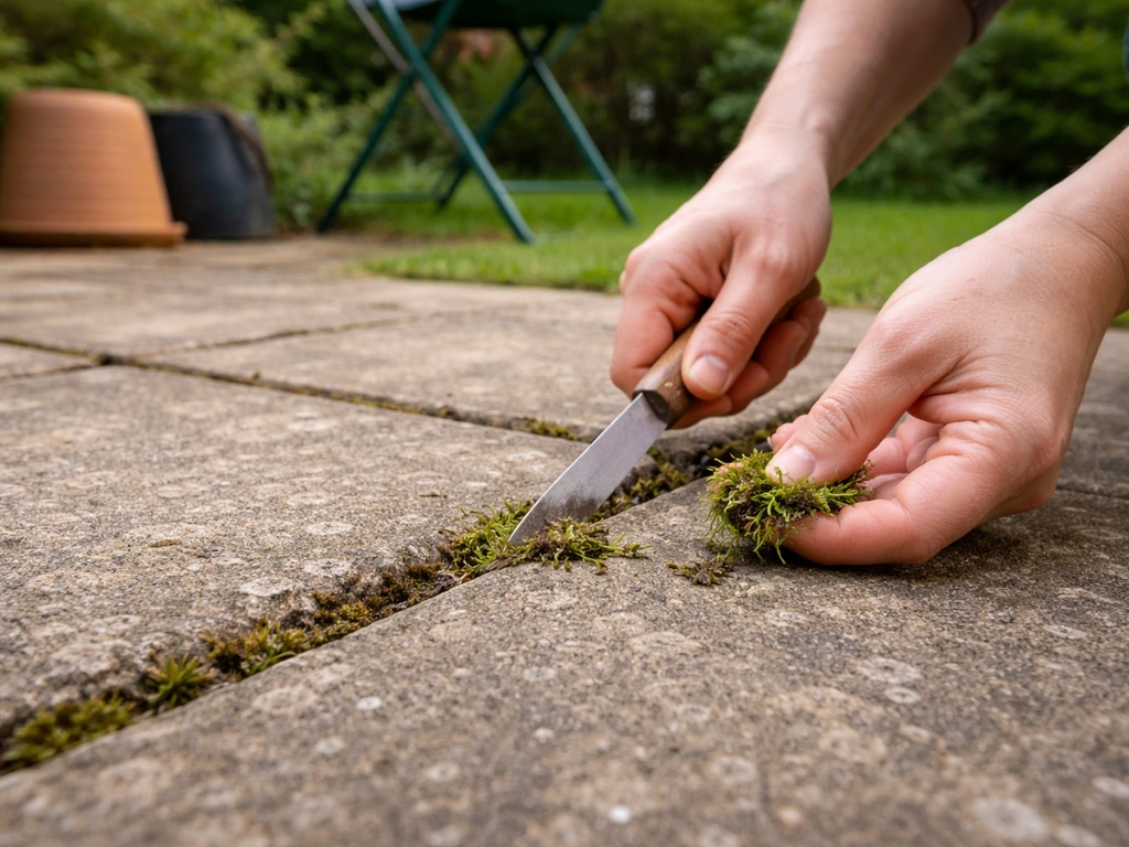 Hands clearing moss and weeds from patio paving joints after moving pots and furniture aside.