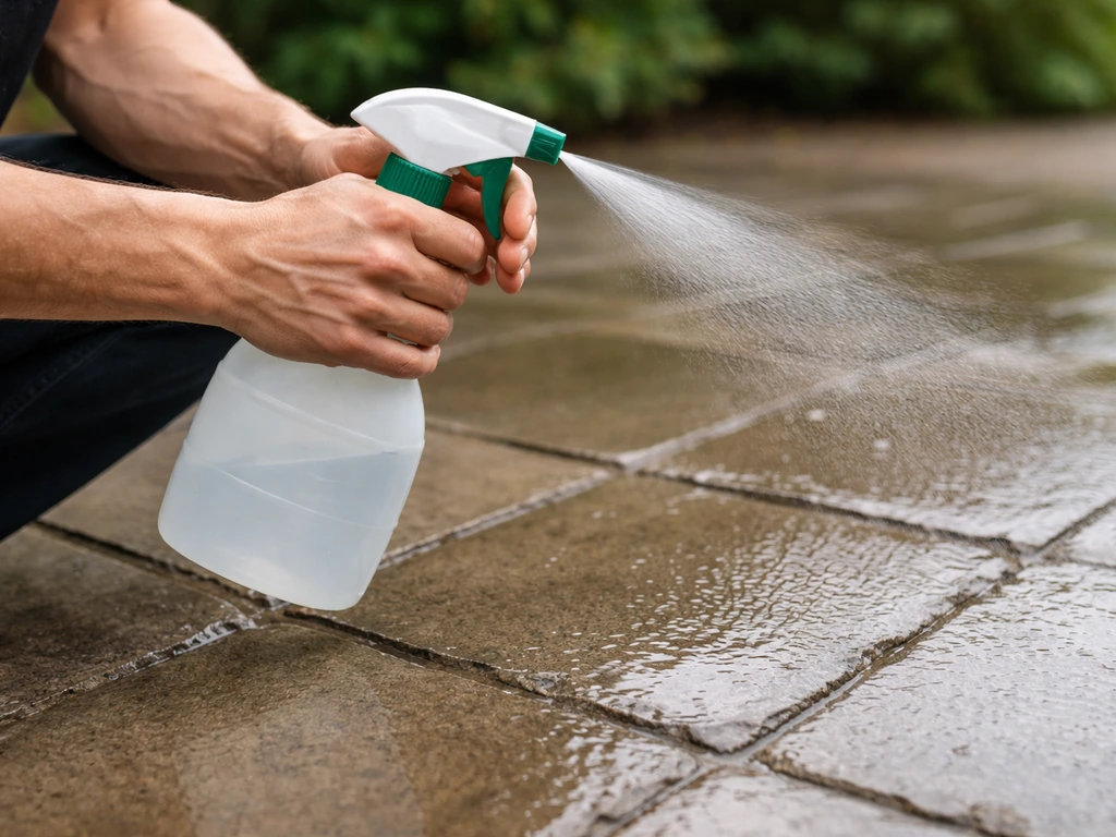 Hands using a garden sprayer to apply liquid evenly across wet paving stones.