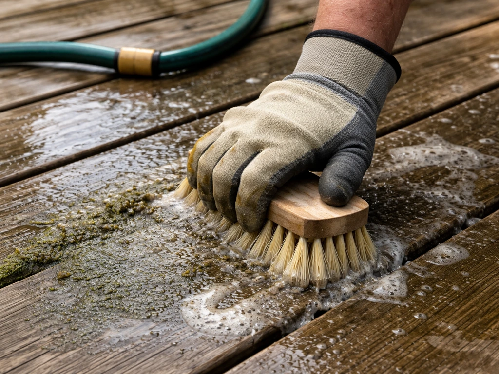 Gloved hand scrubs a patio deck with a stiff brush as algae-like growth loosens, wet boards visible.
