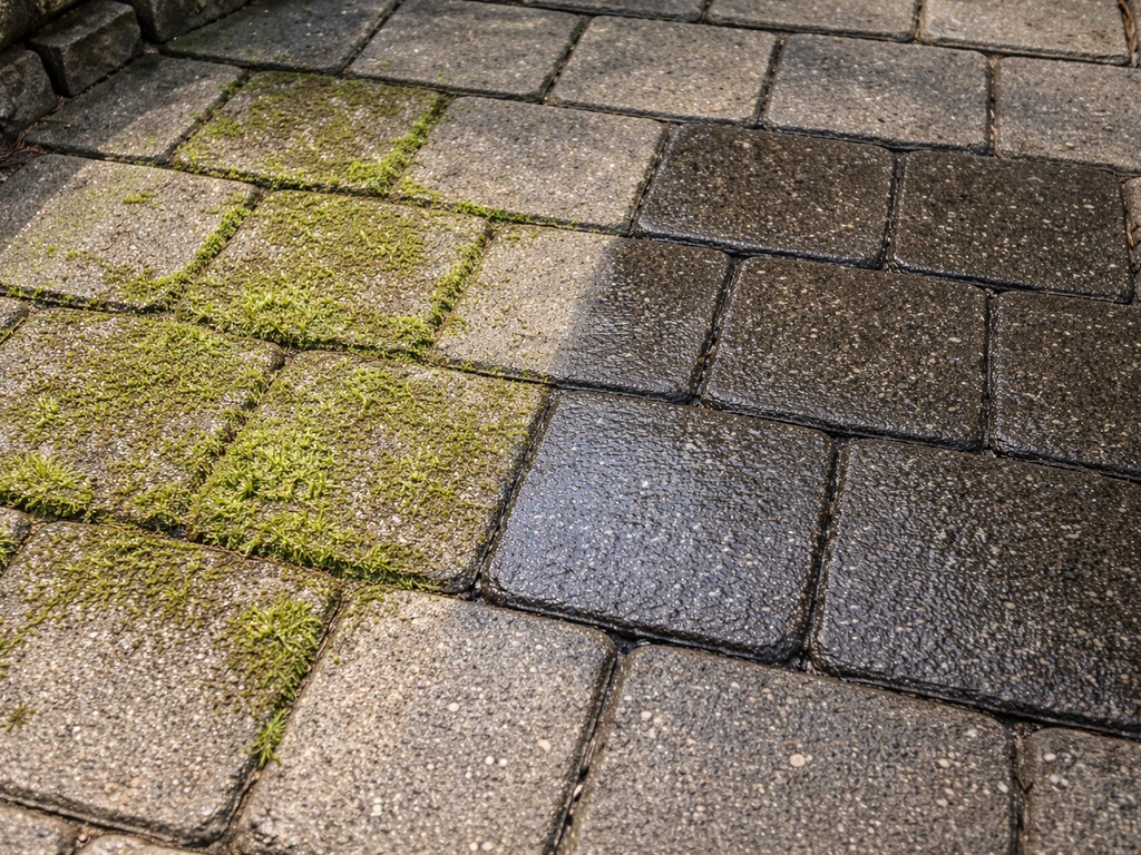 Minimal patio close-up showing a treated patch with visible growth cleared after repeat application