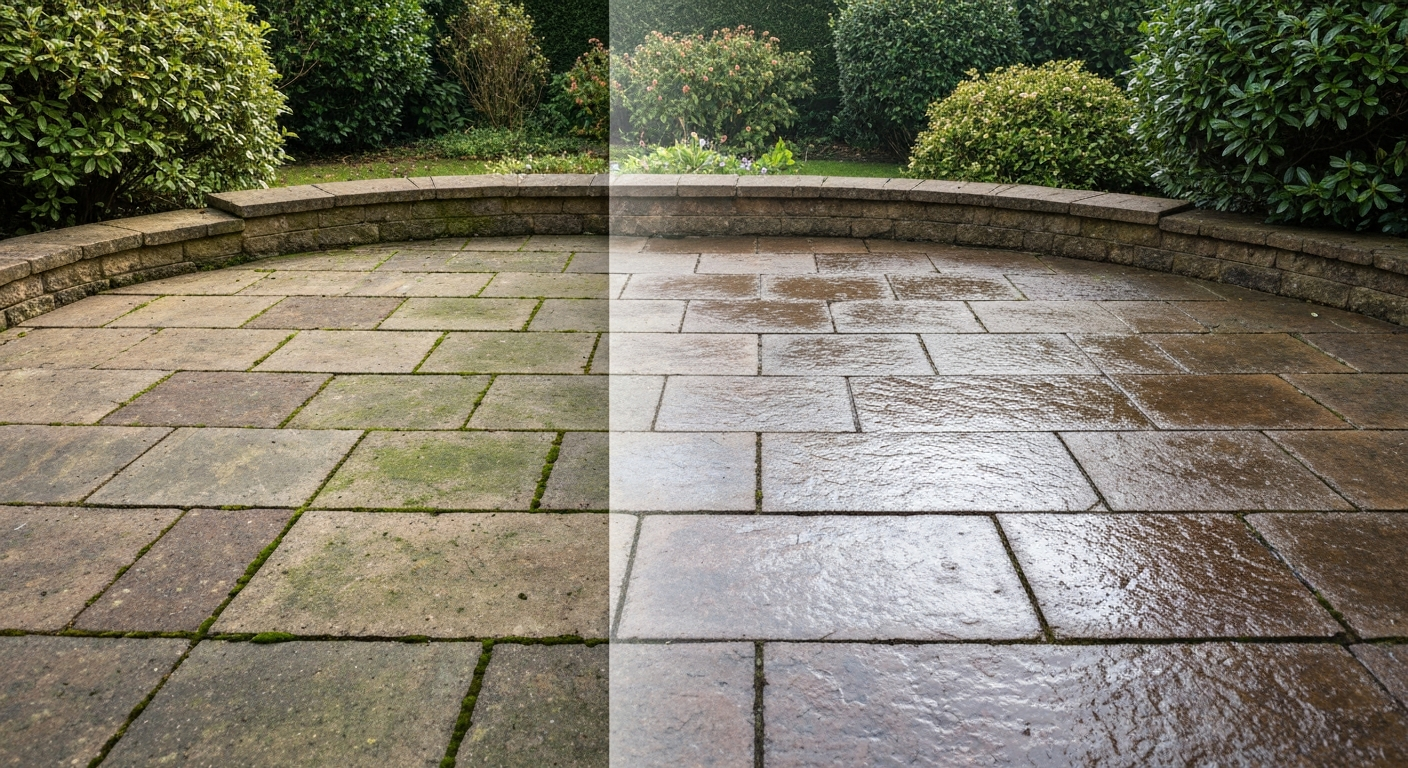 Split-view patio: unsealed faded paving on left, freshly sealed glossy paving on right, showing colour and texture contrast