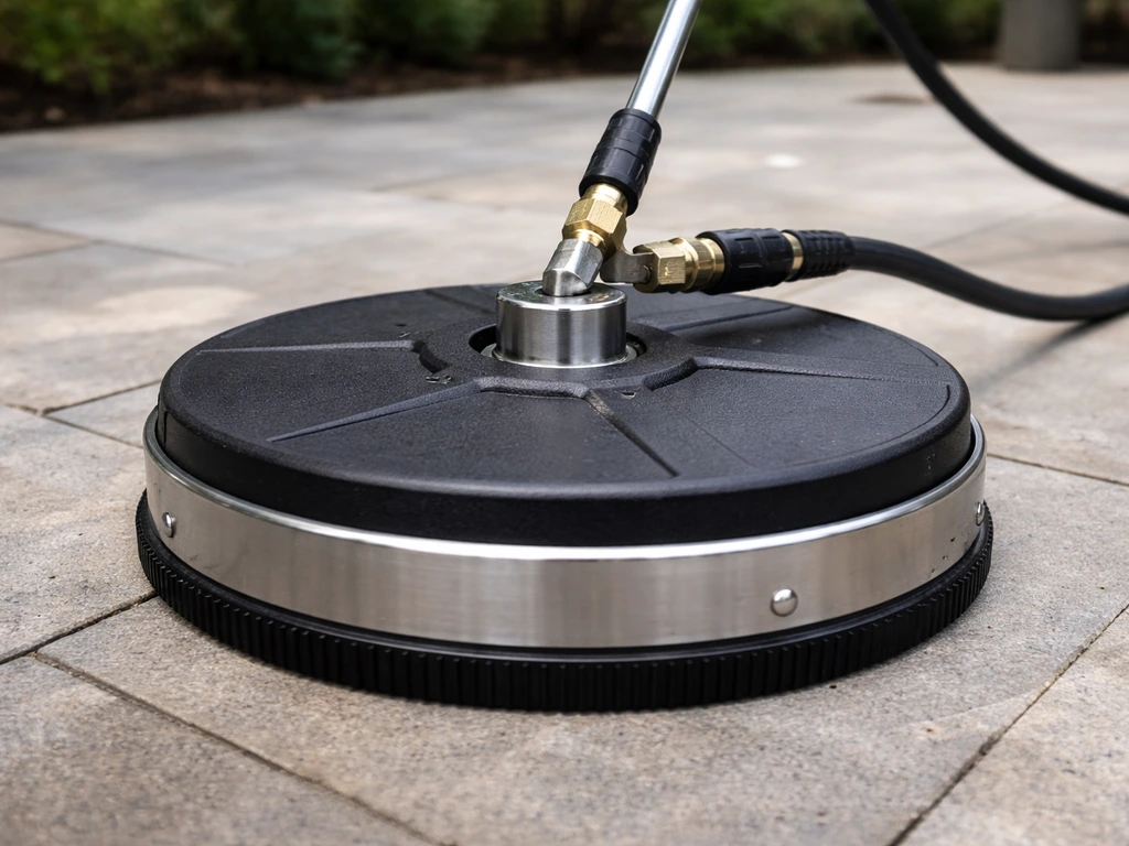 Rotating patio cleaner disc head mounted on a pressure washer on an outdoor patio surface
