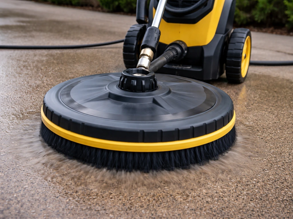 Rotating disc-style patio cleaner attachment mounted on a pressure washer in a clean outdoor setting.