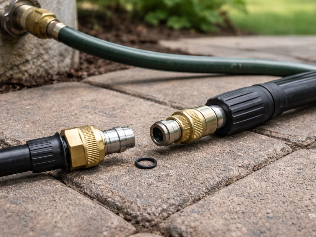 Pressure washer wand and quick-connect fittings on a patio, with an O-ring visible for safety checks before use.