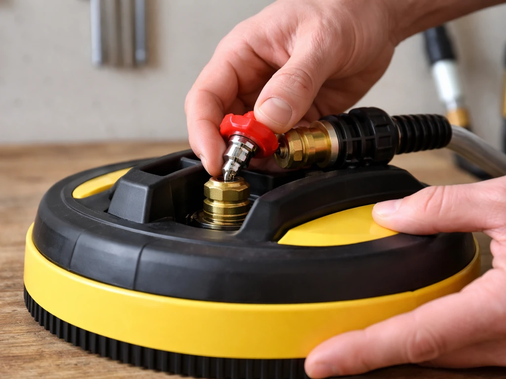 Hands fitting a pressure-washer attachment and seating a spray nozzle on the nozzle inlet.