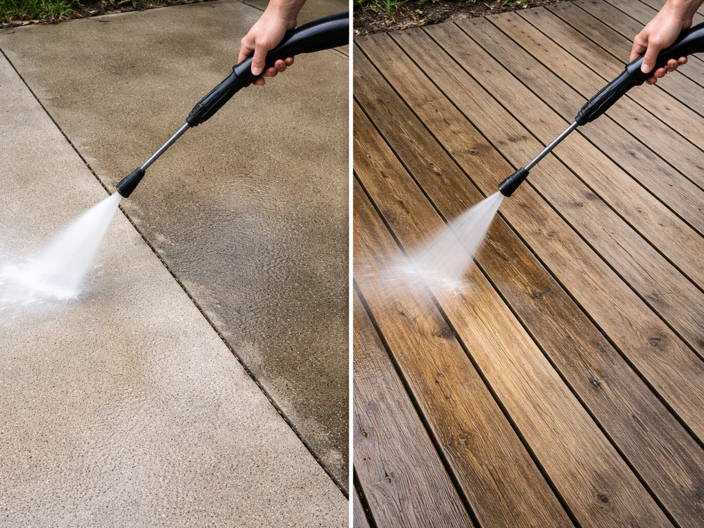 Two adjacent patio sections, concrete and wood, being pressure washed with different nozzle settings and visible intensi