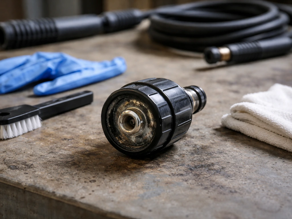 Patio pressure washer nozzle head removed on a workbench, showing possible blockage and cleaning tools.