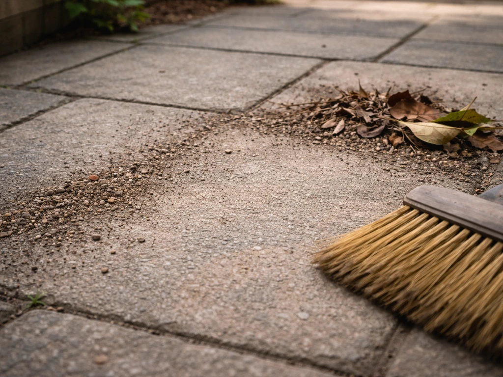 Close-up of a patio surface with swept grit and leaves cleared, broom bristles at the edge.