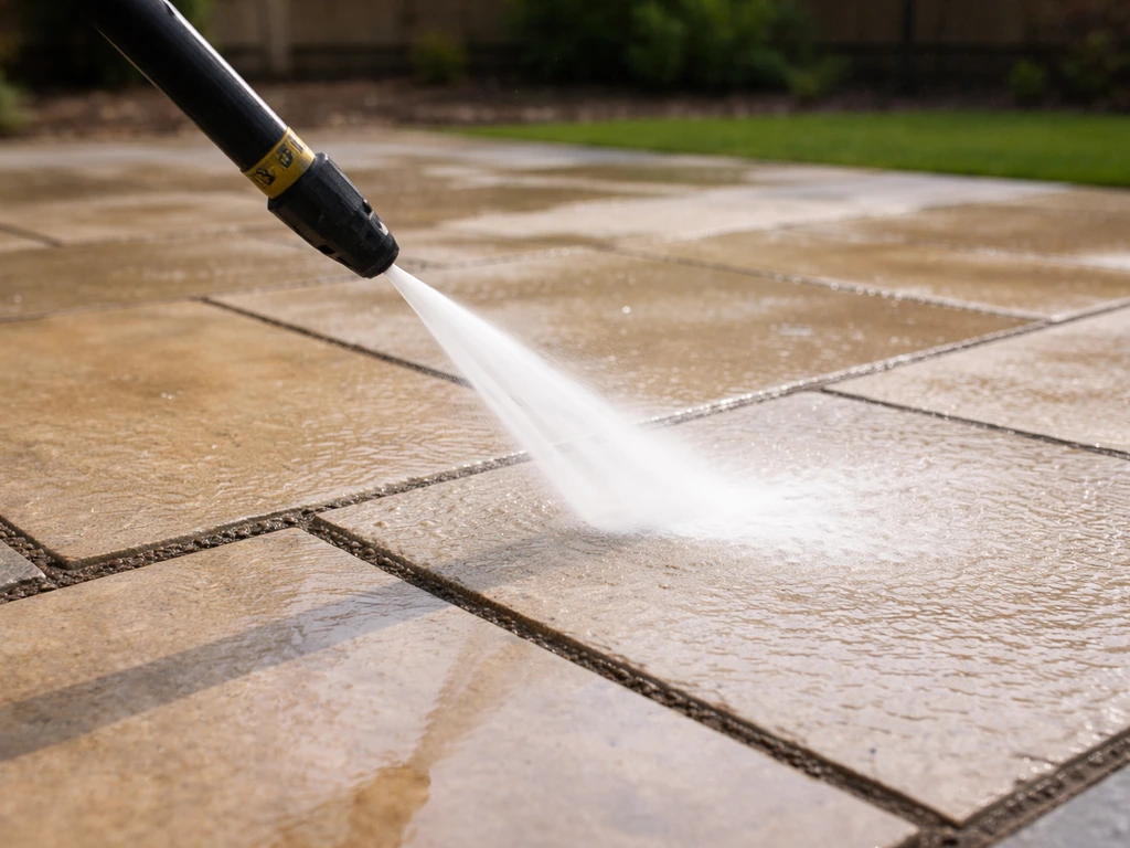 Pressure washer K2 lance spraying a clear water rinse over a patio of paving slabs.