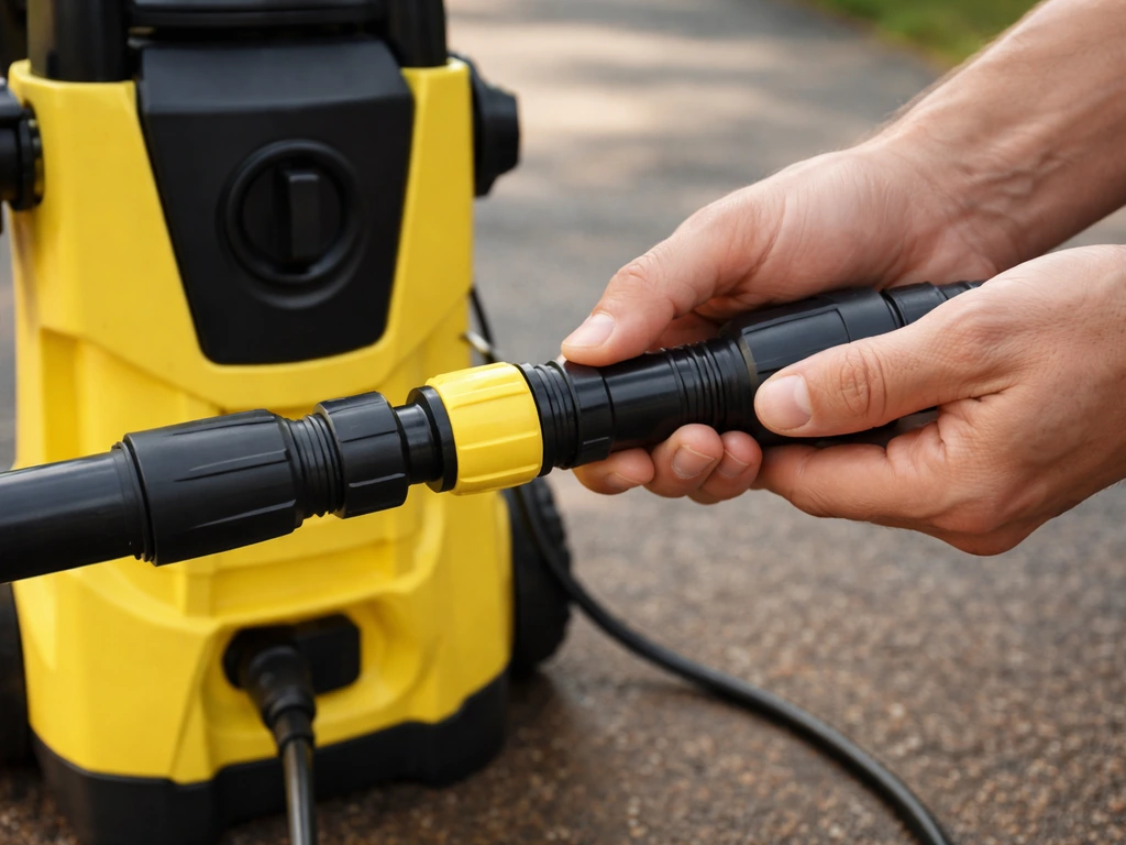 Hands twisting a bayonet quick-connect patio cleaner onto an off pressure washer wand.