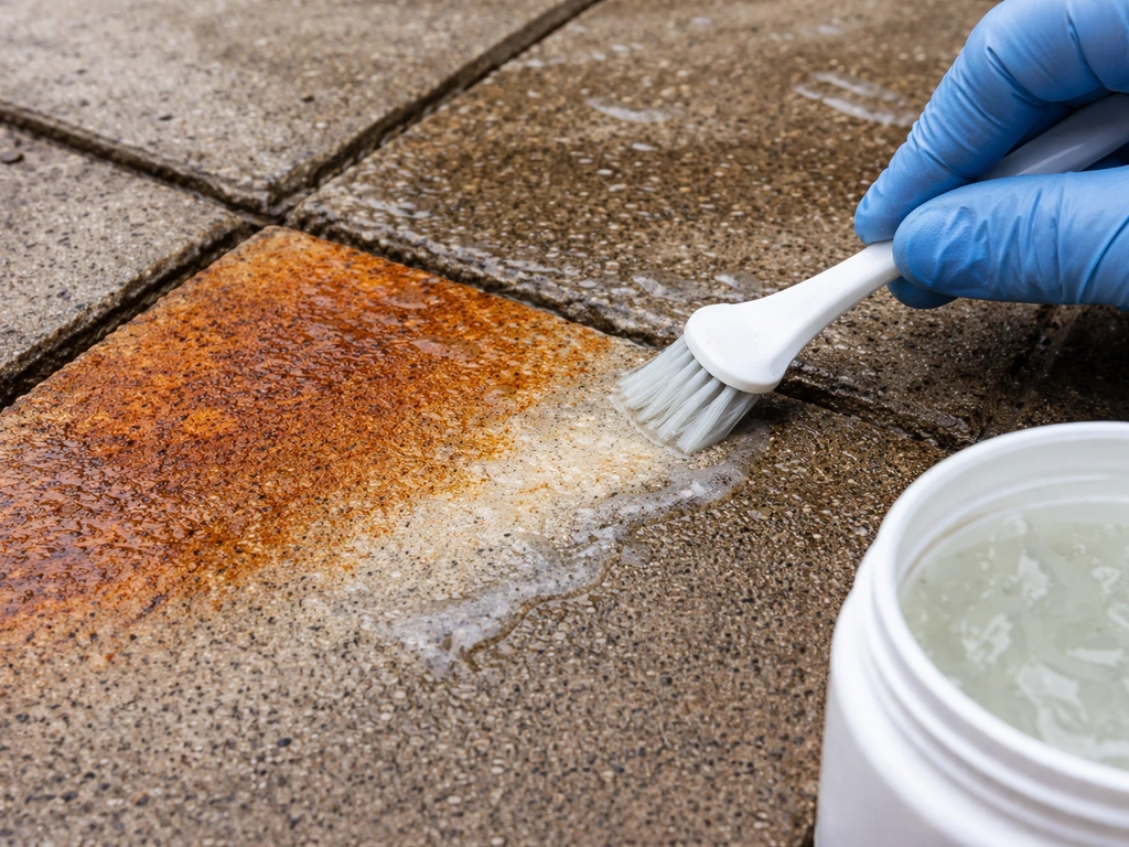 Gloved hand applying rust remover to lifted rust stains on wet concrete pavers.