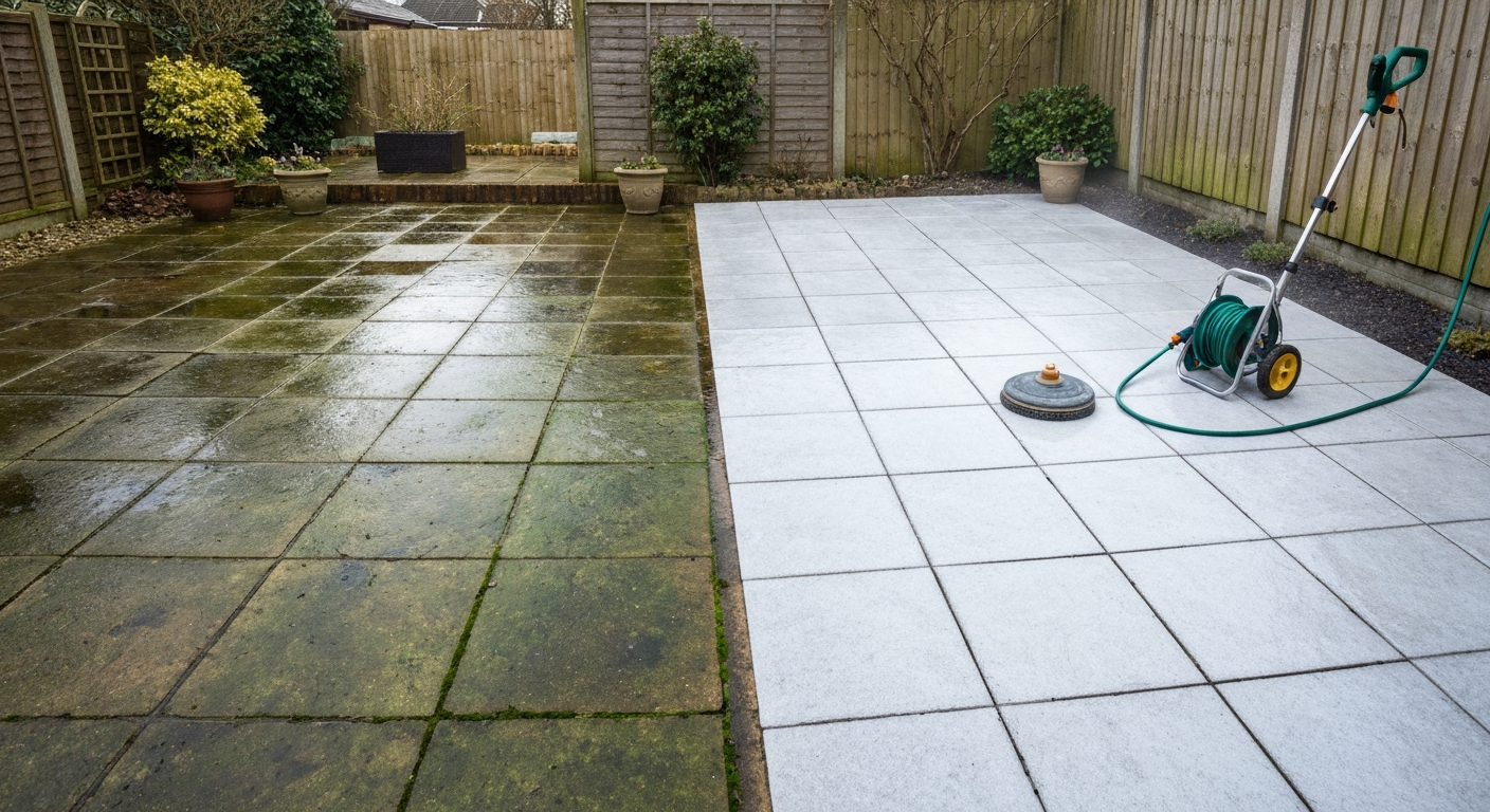 Patio split view with dirty, algae-covered half and freshly jet-washed clean half, pressure washer visible