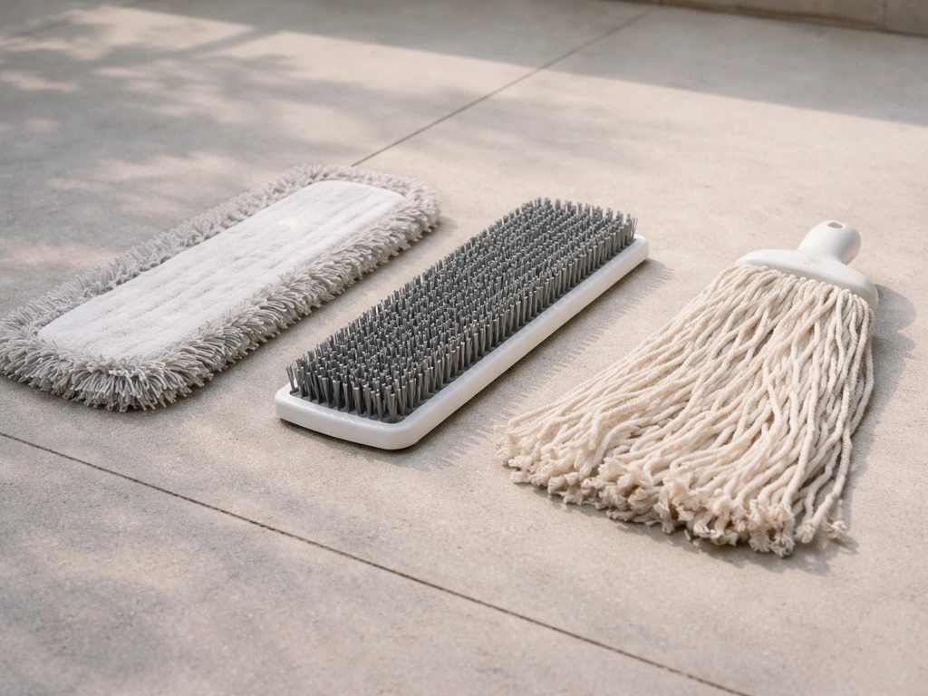 Microfiber, scrub-brush, and string mop heads laid out on a concrete patio surface.