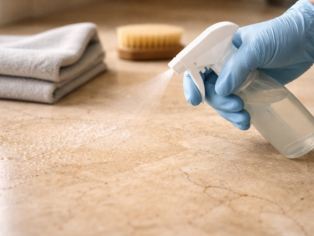 Closeup of a person gently applying neutral cleaner to a natural stone surface