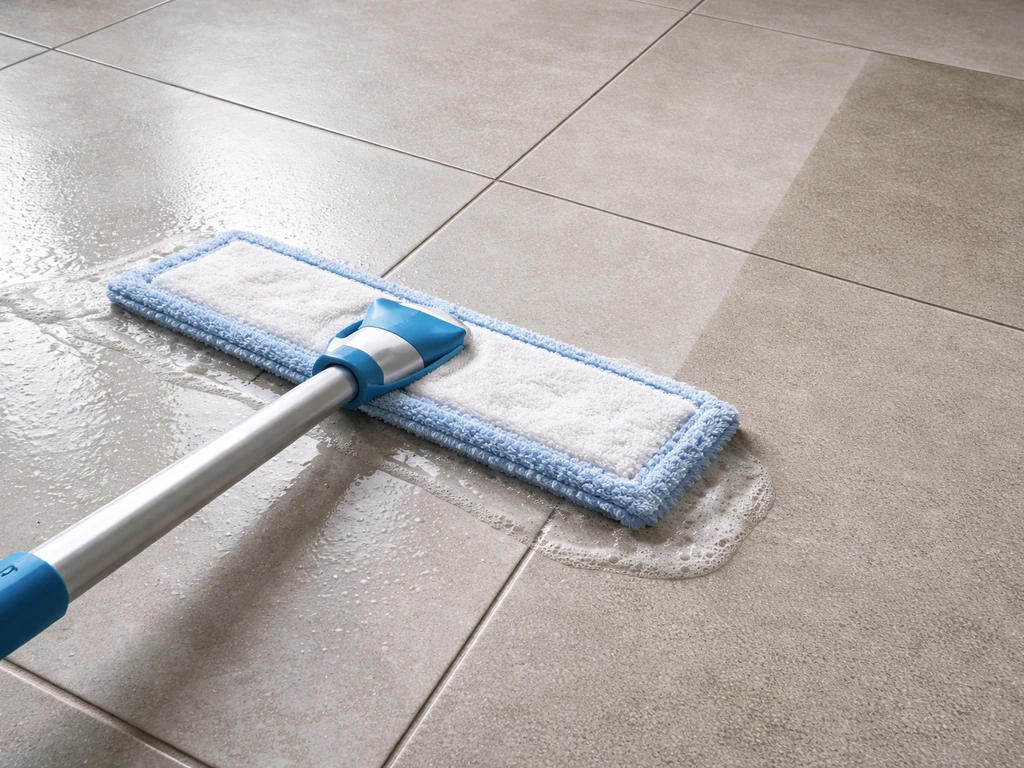 Microfiber flat mop cleaning porcelain tiles, showing a clean sheen beside a slightly dirty area.
