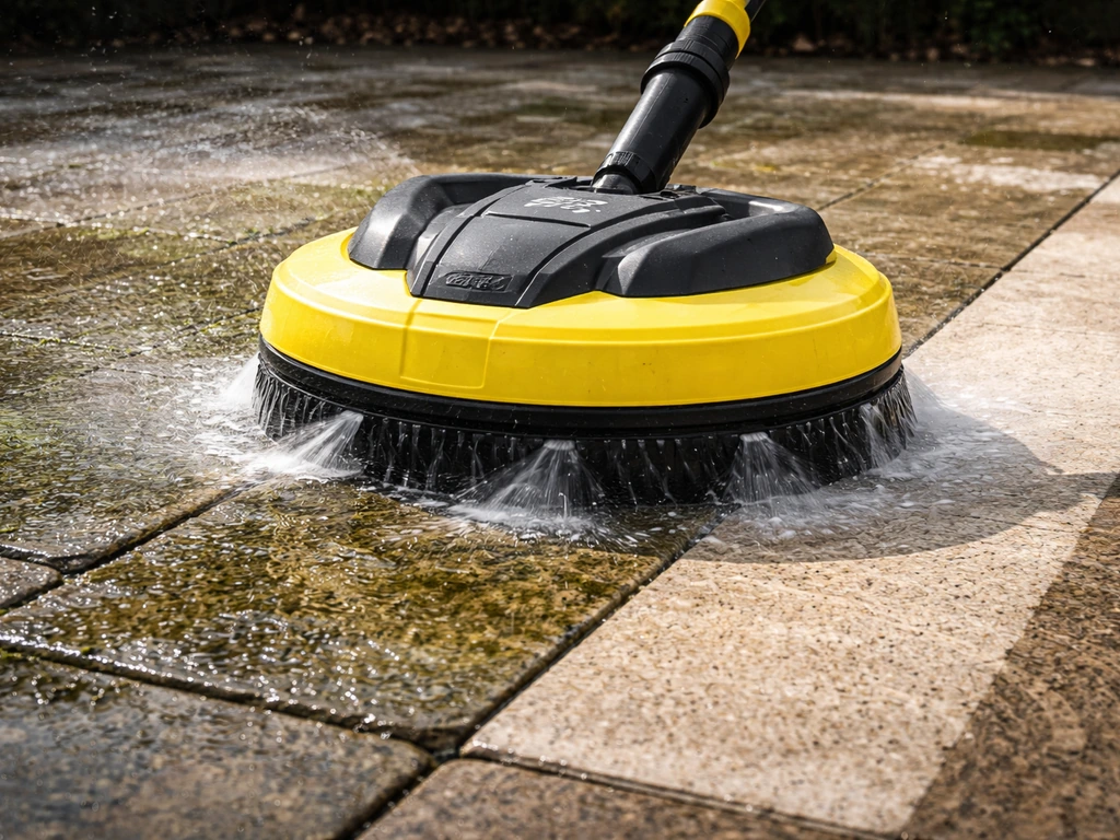 A Kärcher T5 surface cleaner washing a patio, with grime lifting and cleaner stone visible around the rotating head.