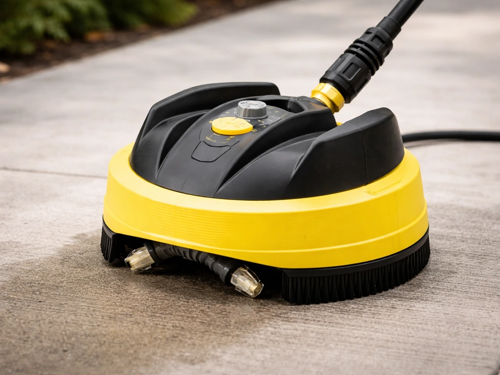 Close-up of a surface cleaner attachment connected to a pressure washer, showing the height dial and rotor head.