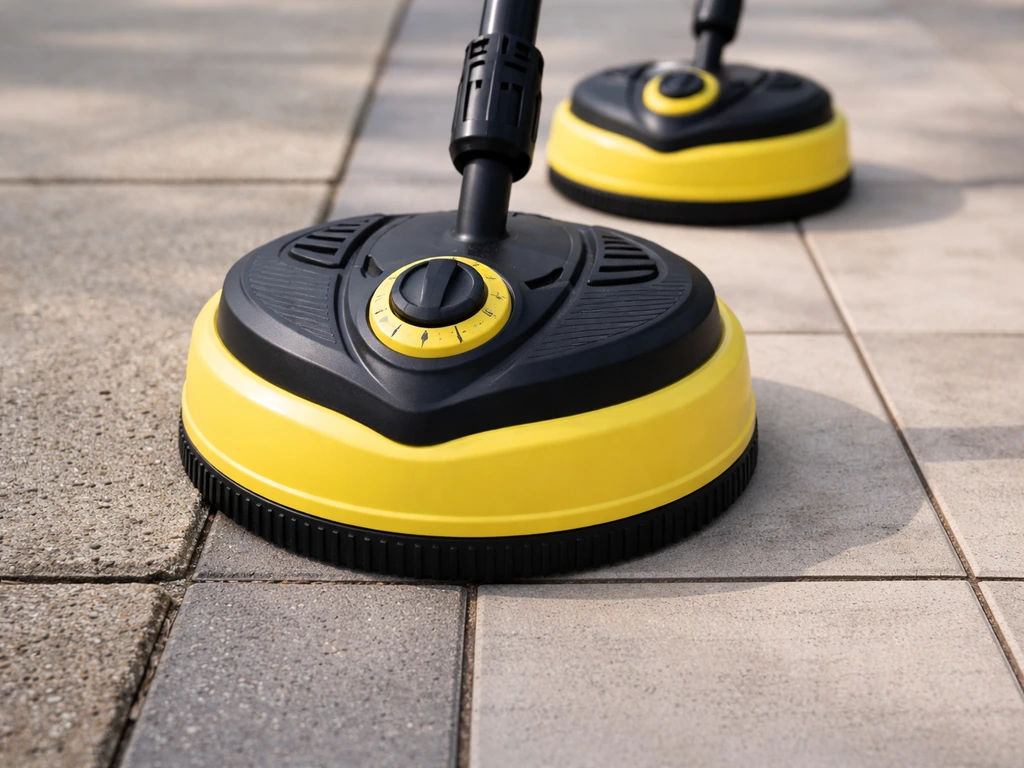 Close-up of a patio surface cleaner nozzle with the dial set for different materials on paving stone and tiles.
