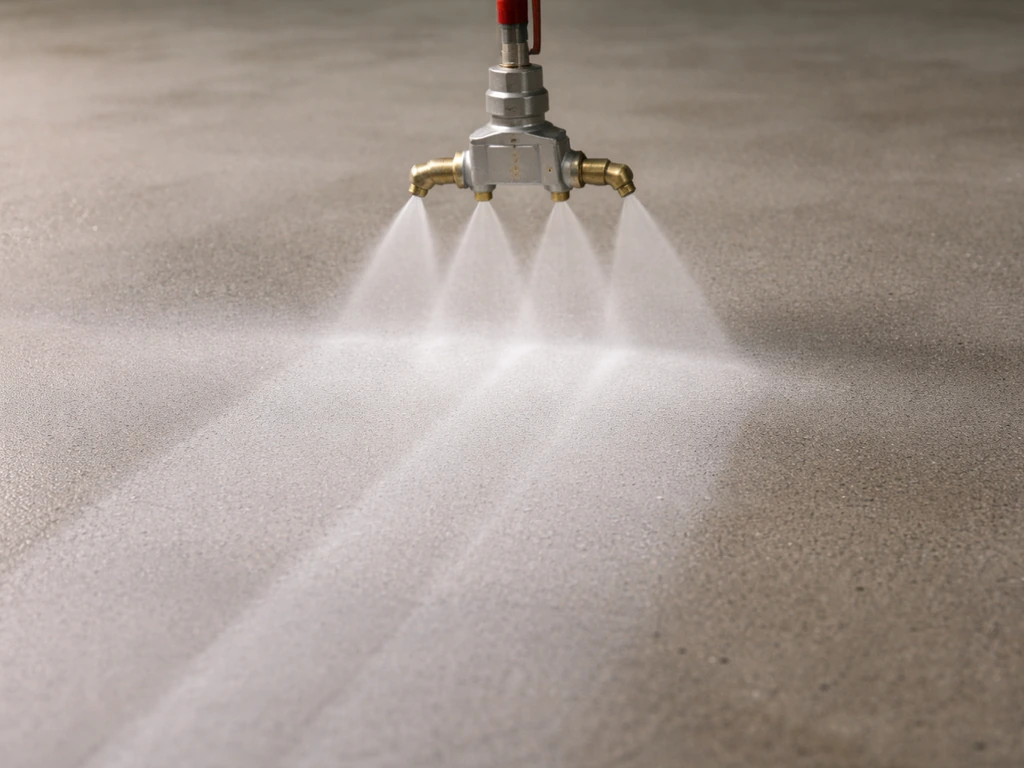 Close-up of a spray nozzle applying an even overlap pass with a visible 5cm overlap zone on a flat surface.