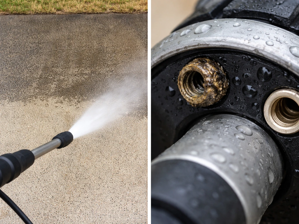 Pressure washing surface with faint streaks and a closeup of a partially blocked nozzle port area.