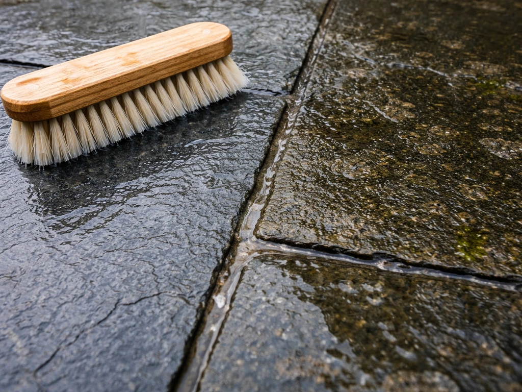 Close-up of a slate patio being scrubbed, with cleaned moss-free areas next to darker stained patches.