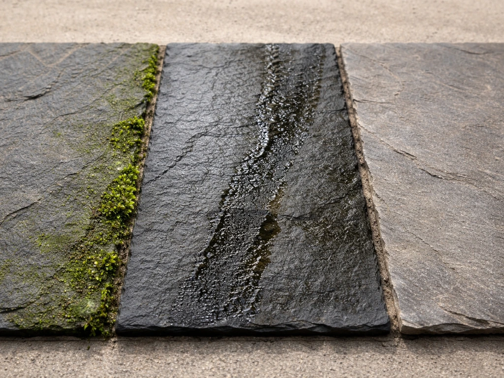Three slate sections showing algae/moss, slimy dark patches, and light grime for odor and stain identification.