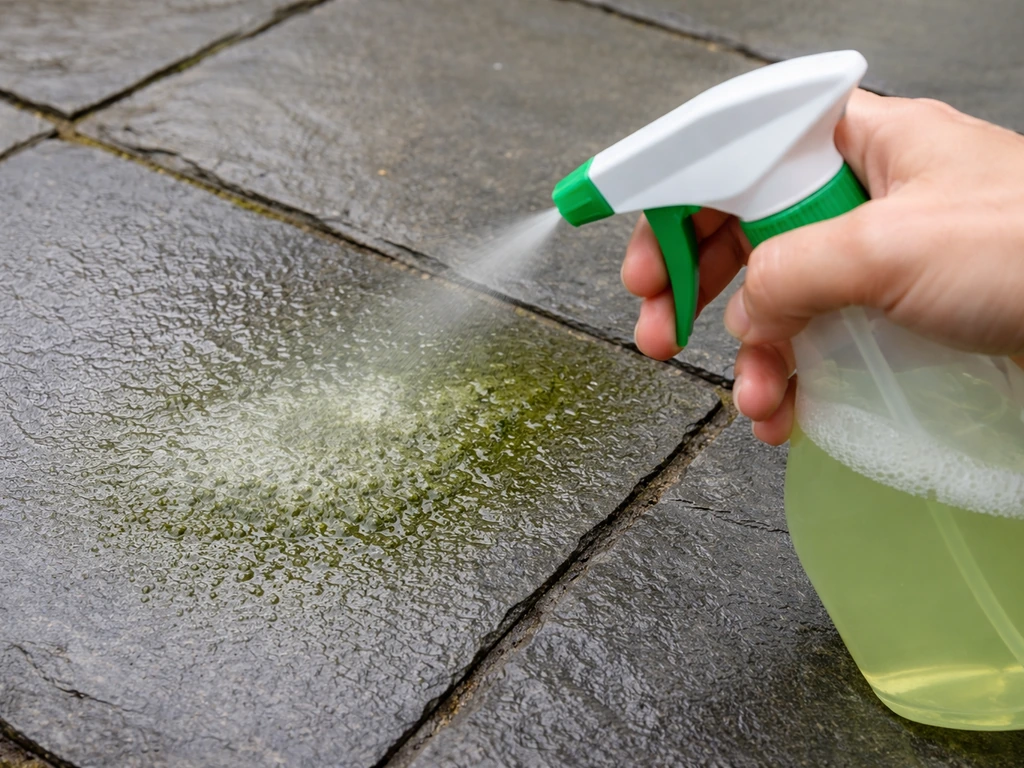 Close-up of spray cleaner applied to slate patio tiles, showing wet dwell-time darkening over green algae.