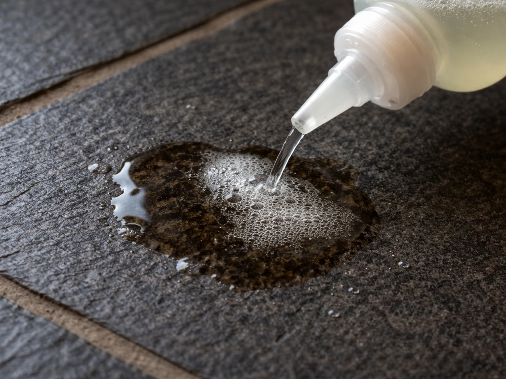 Oxygenated enzyme cleaner saturating a dark organic stain patch on slate stone before rinsing