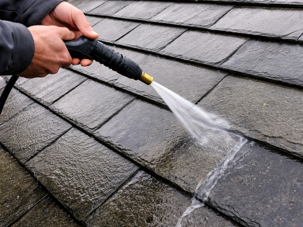 Low-pressure pressure washer rinsing slate roof tiles, nozzle angled over slate joints carefully