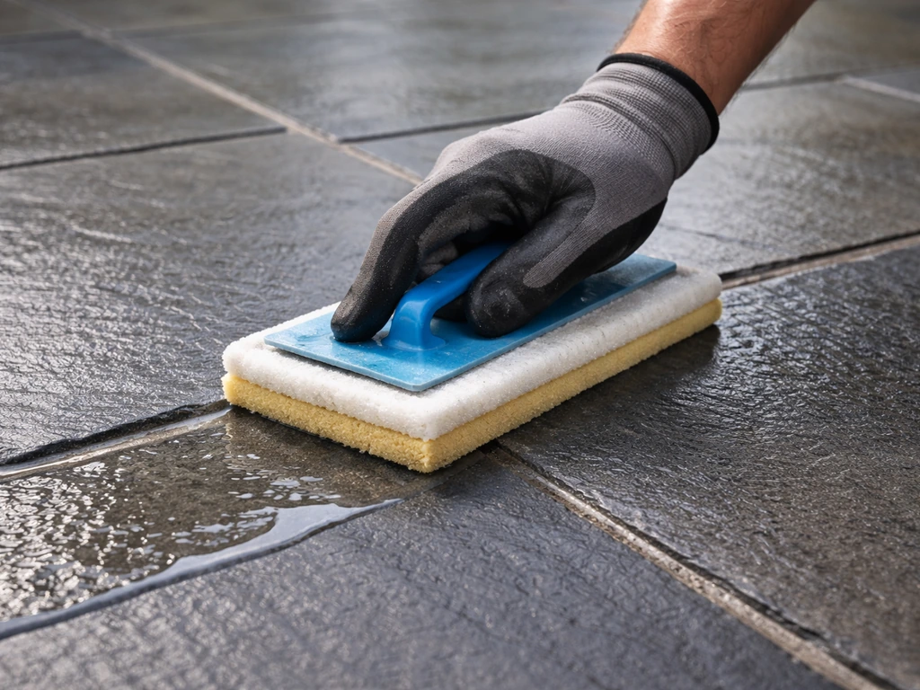 Gloved hand applying clear sealer into dry slate patio grooves, showing an even fresh sheen.