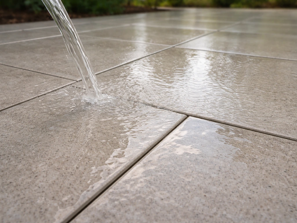 Porcelain paver outdoors with a gentle wet rinse, evenly wet surface and no streaking