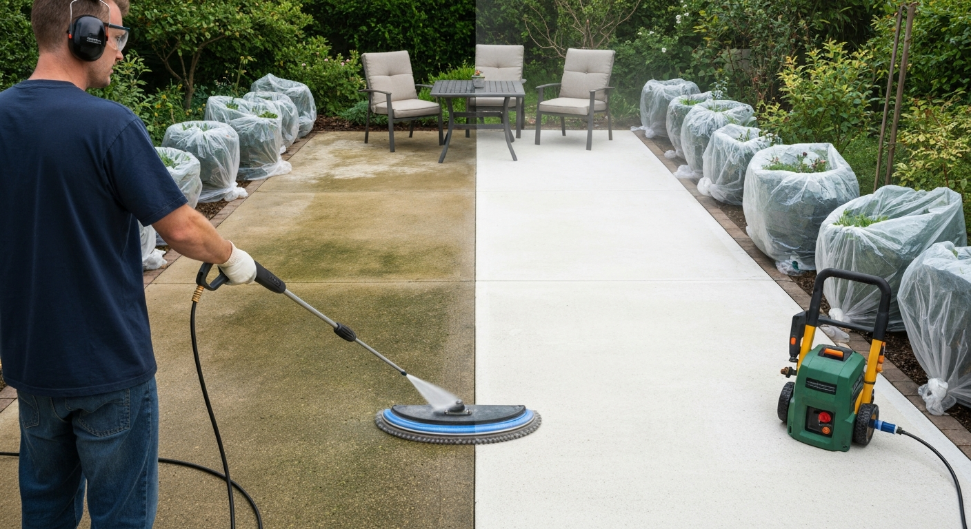 Person using a surface-cleaner attachment to power wash a concrete patio; left side of patio dirty, right side clean; plants covered and furniture moved away.
