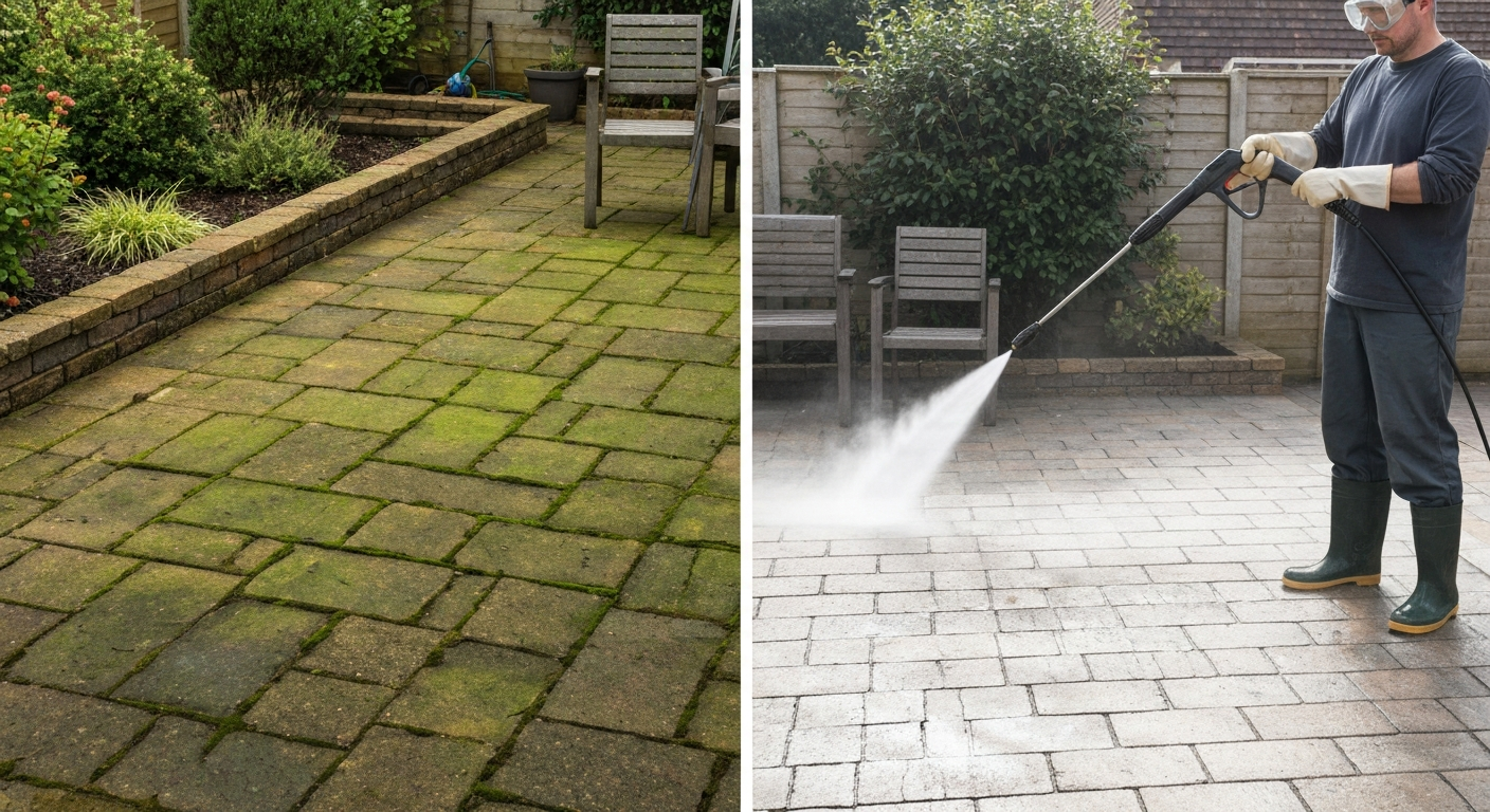 Before-and-after view of patio pavers being cleaned with a pressure washer, person wearing safety gear.