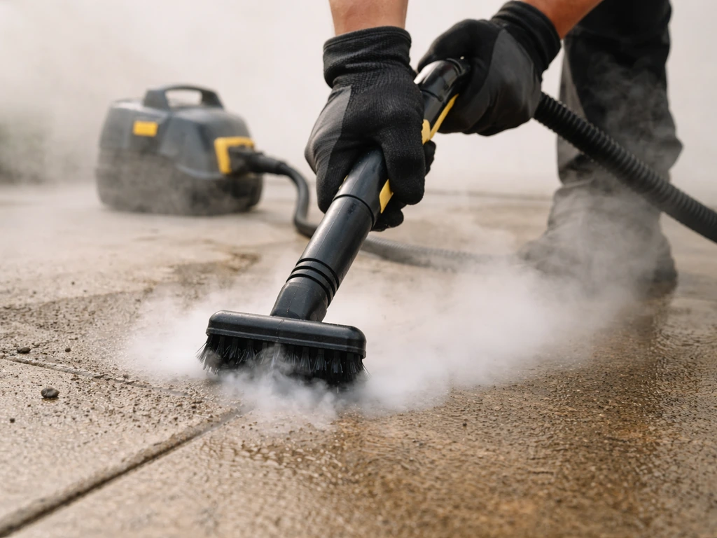 Worker using a patio steam cleaner wand to blast steam on a driveway near the nozzle