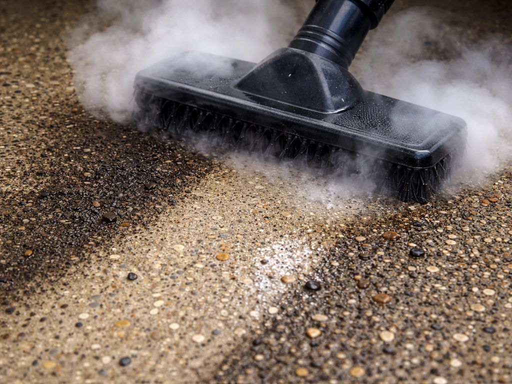 Close-up of steam cleaning on textured concrete, floor brush removing dark loosened grime.