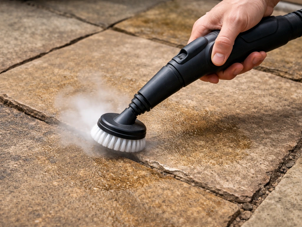 Steam cleaner technician gently applying steam to porous sandstone surface with a soft brush.