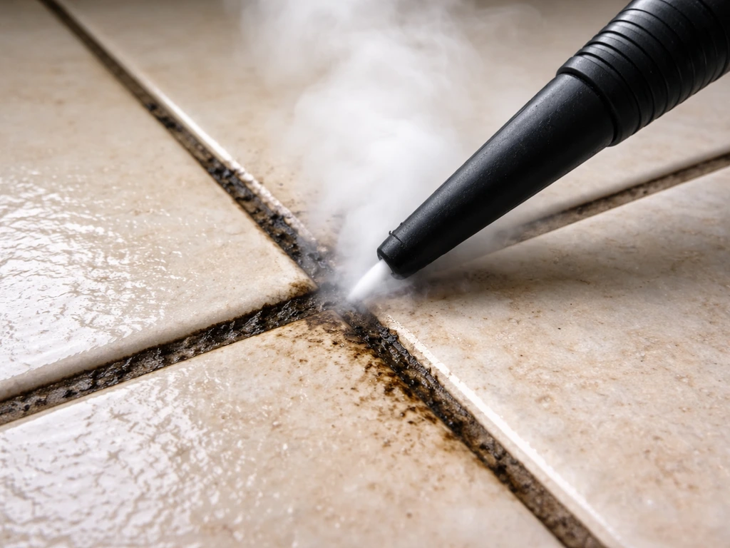 Close-up of steam nozzle cleaning black mold in grout lines between porcelain tiles.