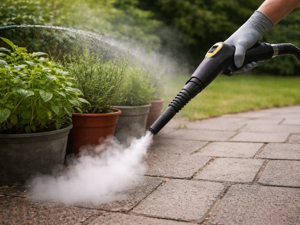 Outdoor steam cleaner releasing visible steam while a gloved hand keeps it away from nearby plants.