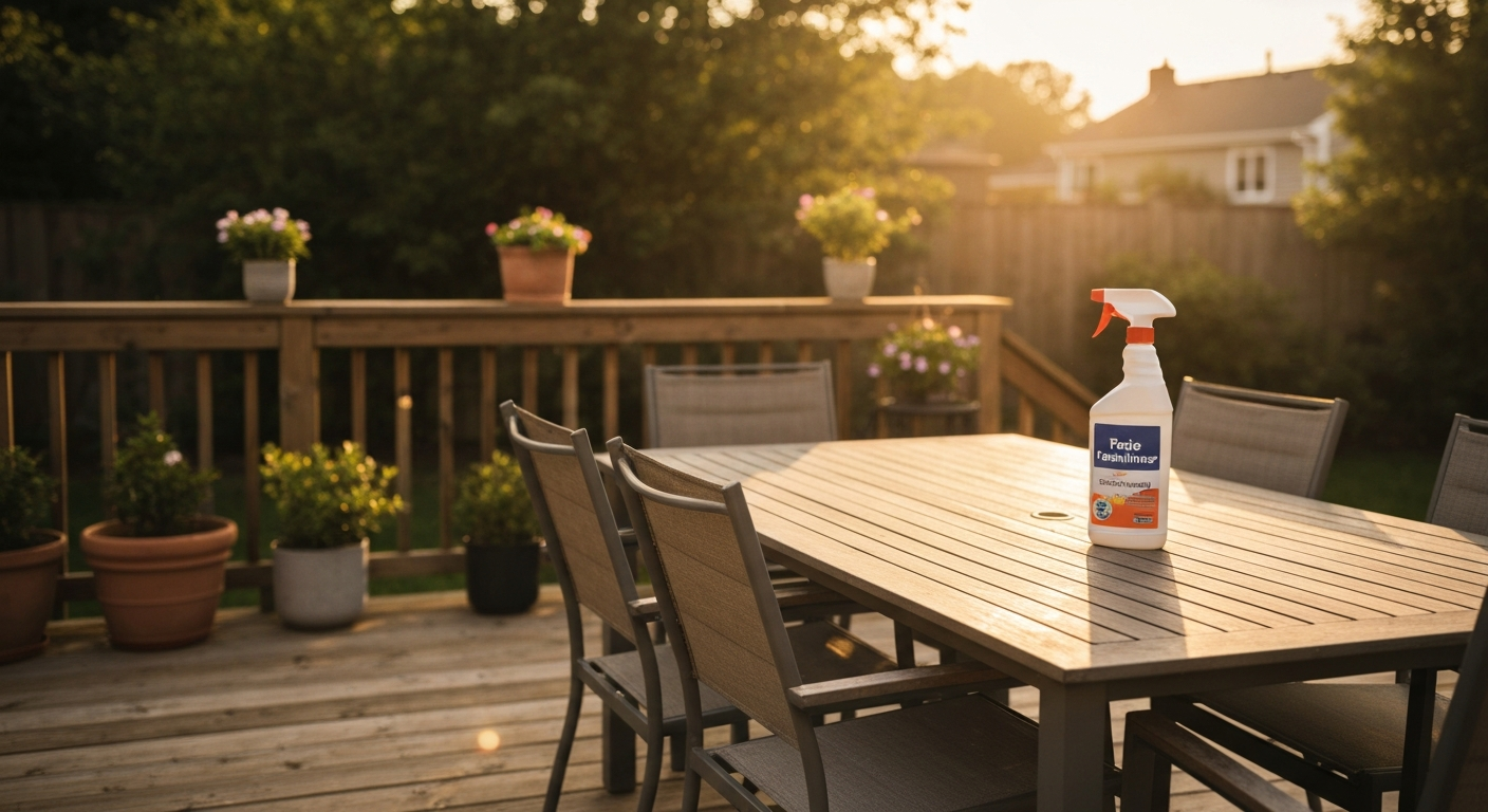 Backyard patio at golden hour with a spray bottle labeled 'Patio Furniture Cleaner' on a table and clean outdoor furniture in the background.
