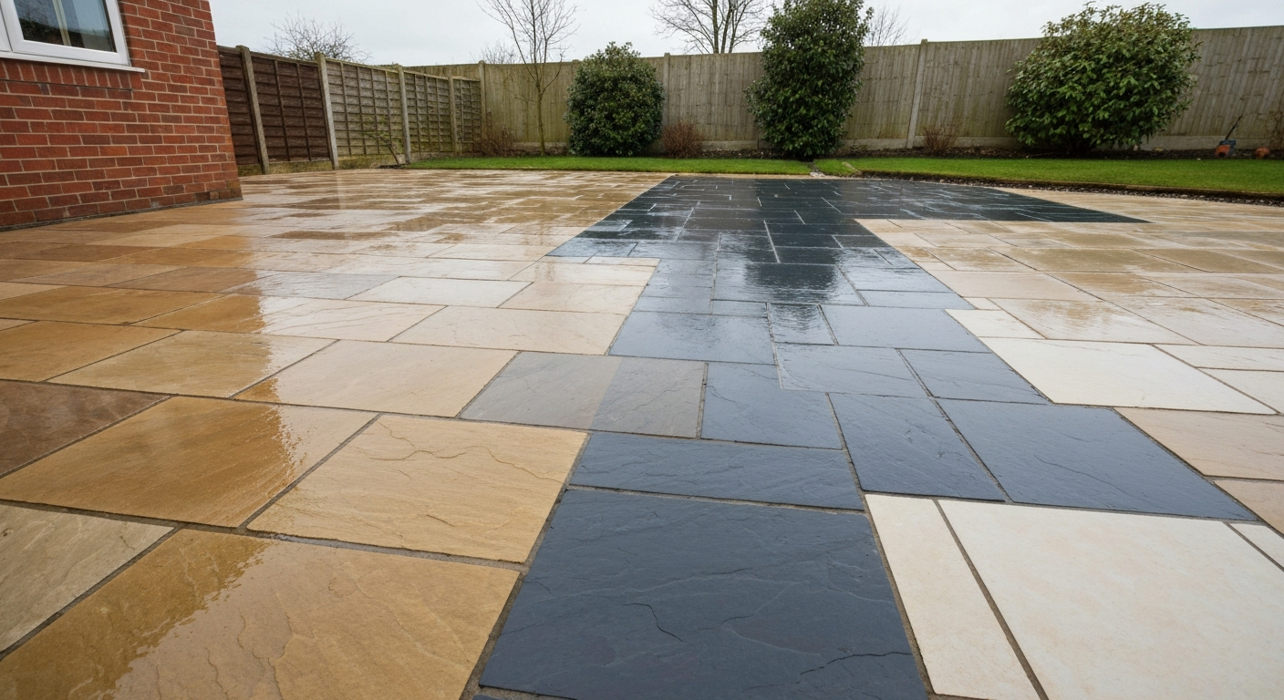 Wide-angle photo of a UK garden patio with wet-look sealer applied across sandstone, slate, porcelain and concrete, showing glossy colour-enhanced finish