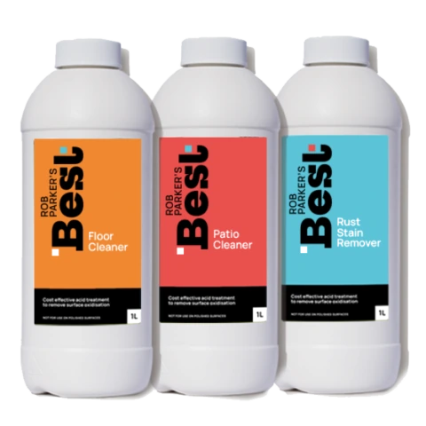 Three Rob Parker's Best cleaning product bottles, including patio cleaner, arranged side by side on a plain background.