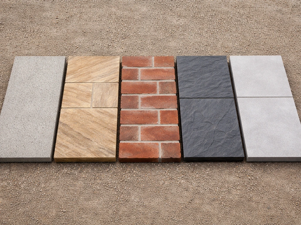 Close-up side-by-side patio surface samples showing concrete, natural stone, brick, slate, and porcelain textures.