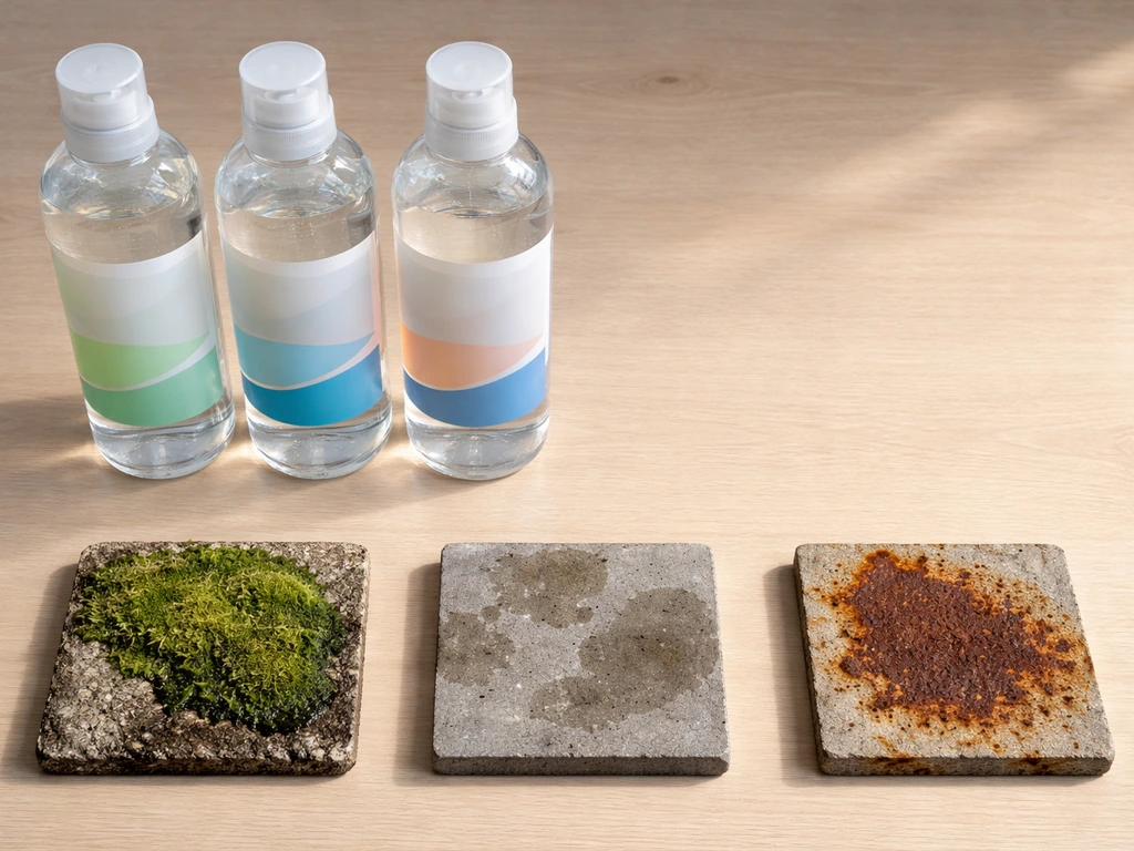 RPB product bottles laid beside simple visuals for algae/moss, concrete/paving, and rust staining.