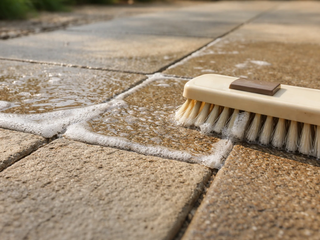 Wet patio cleaner solution on paving stones with grout, with a stiff brush starting to scrub textured areas.