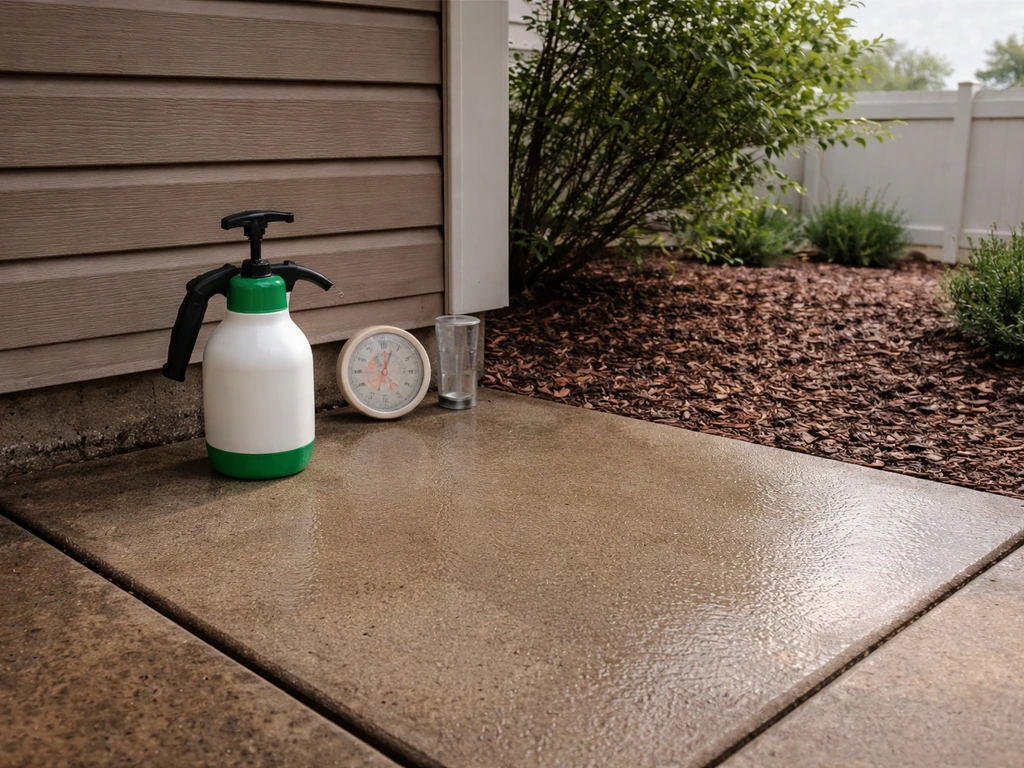 Freshly cleaned patio surface drying in changing weather conditions with clear cues of temperature, humidity, and rain.