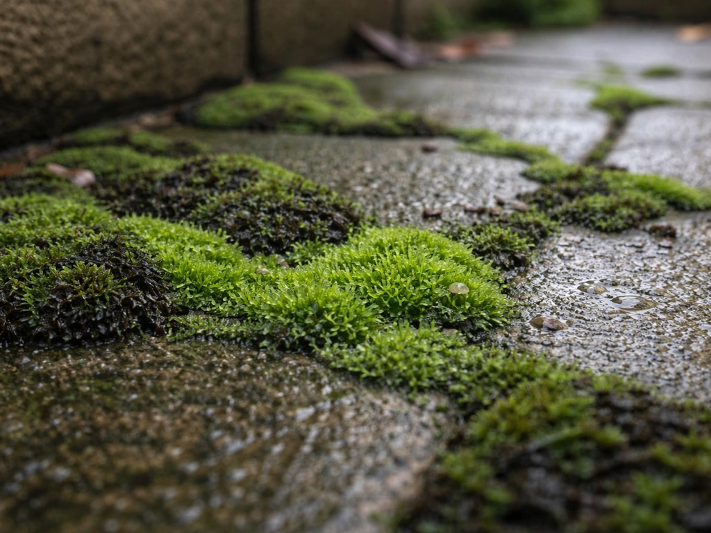 Close-up of green algae and moss on a damp shaded patio stone surface with moisture beads.