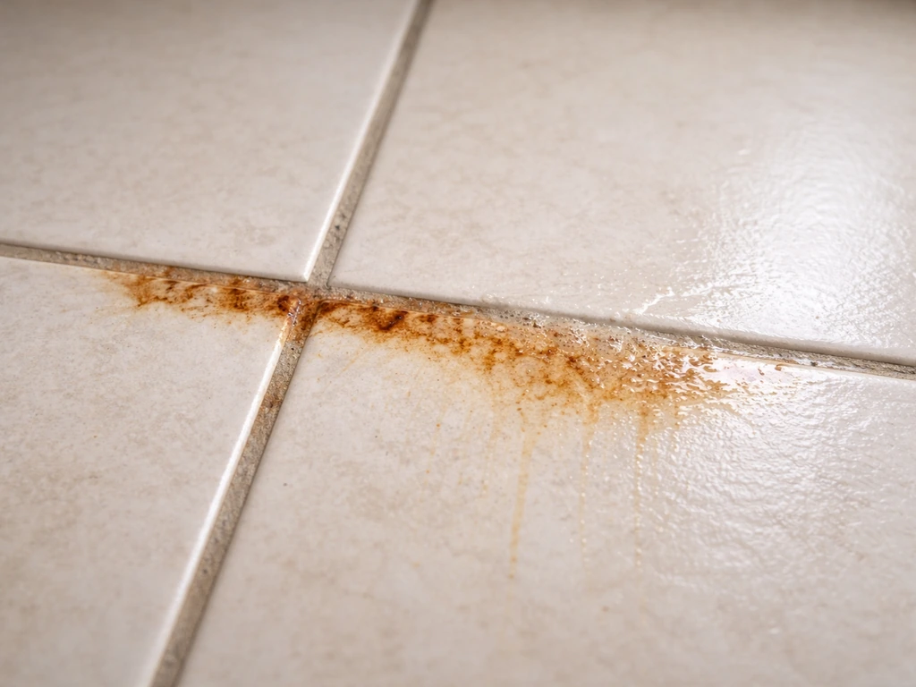 Close-up of off-white tile with rust stains being lifted by an acid cleaner, wet treated area visible.