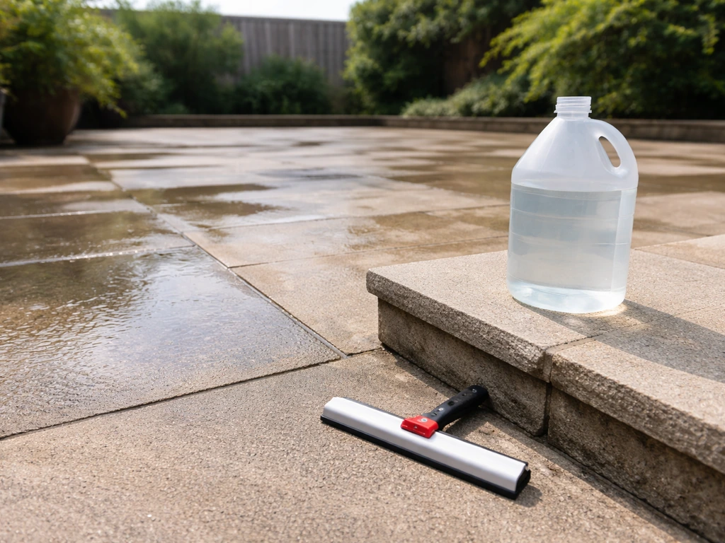 Rinsed patio surface with sealer bottle ready, showing wet-to-dry drying aftercare timing cues.